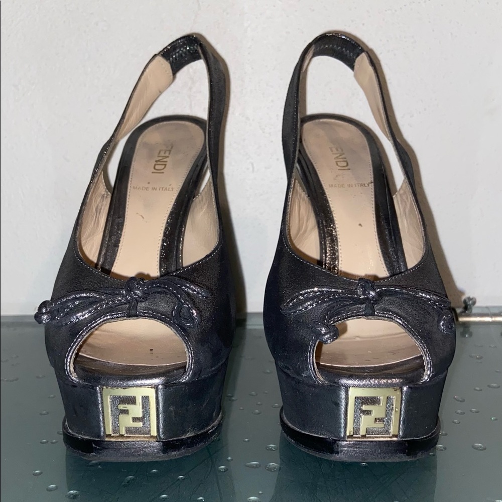 Authentic Fendi Gray with Gold Emblem Slingback Heel Woman's Size 37.5 7.5